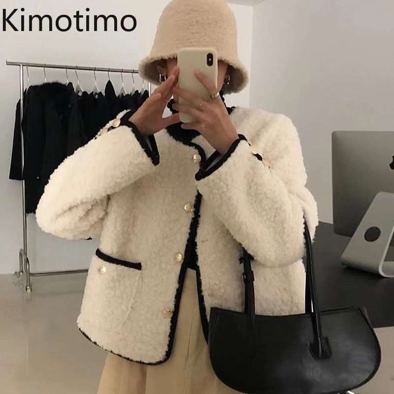 

Kimotimo Lamb Wool Cardigan Coat Women Korean Chic Temperament O-neck Rim Jacket Autumn Winter Single Breasted Pocket Warm Coats
