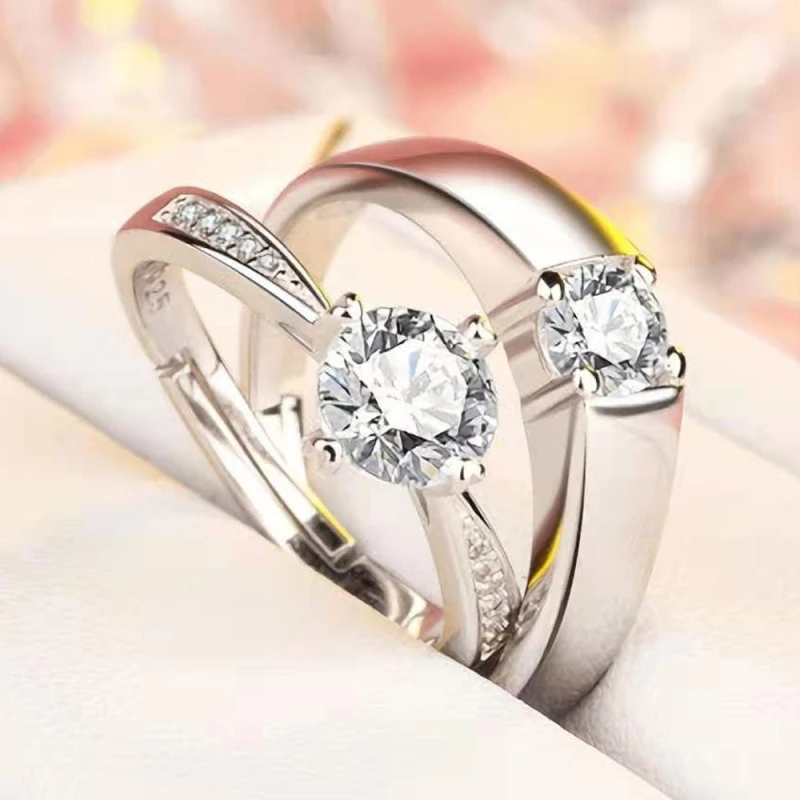 

2PCS Adjustable Open Crystal Ring Copper Plated Silver Engagement Finger Jewelry Men Women Propose Gift Wholesale FreeShipping