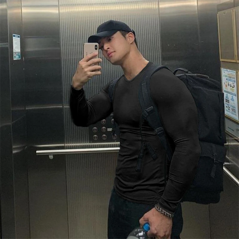 

Running shirt Gym Clothing Fitness T-shirt Men Muscle Compression Skinny Long Sleeve Bodybuilding T Shirt Sports Workout Tee Top