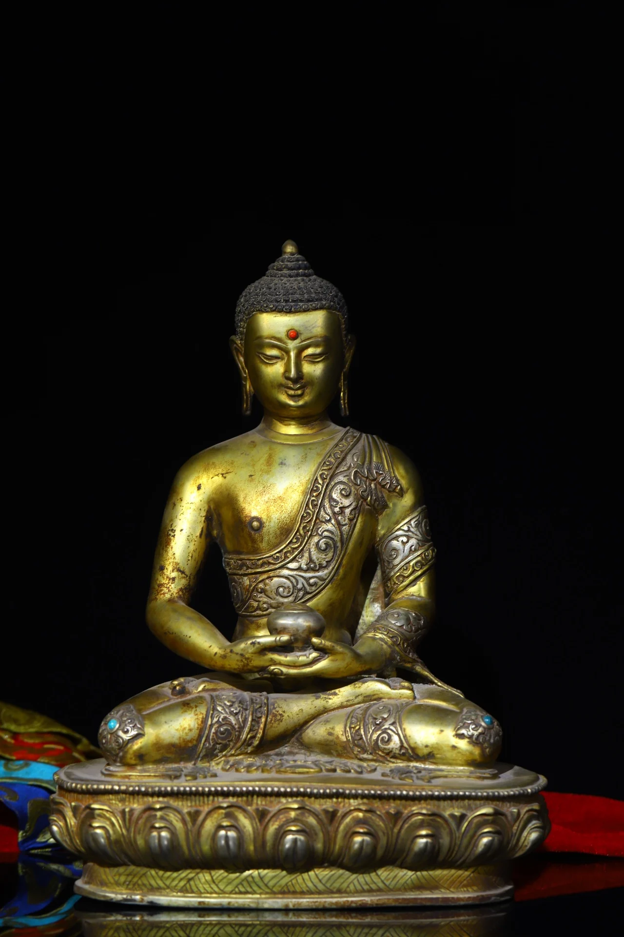 

9" Tibet Buddhism Old purple bronze Gilt Real gold silver Medicine Buddha Shakyamuni Buddha Statue Sitting Buddha Enshrine