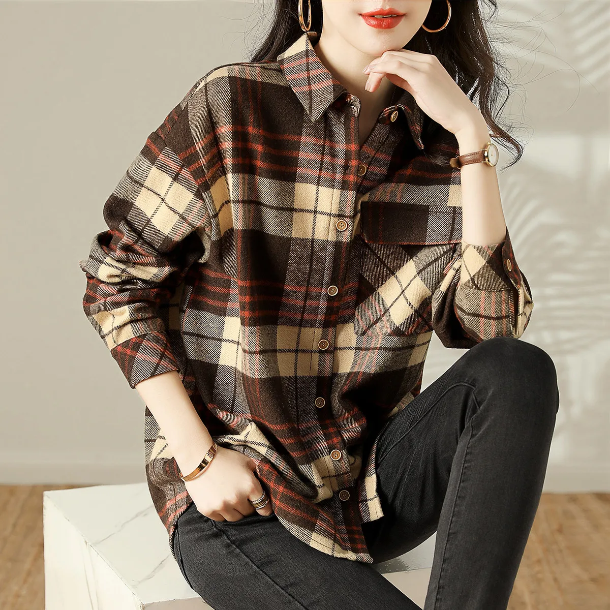 

Blended Women's Blouse Plaid Polo Girl's Shirt Summer Long Sleeve Top Fashion Spring Clothing Casual Lady Houthion