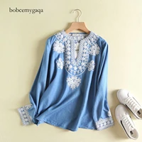 embroidery tencel denim shirt women long sleeve blouse cotton soft jeans blouse shirt blue casual loose floral tops work clothes