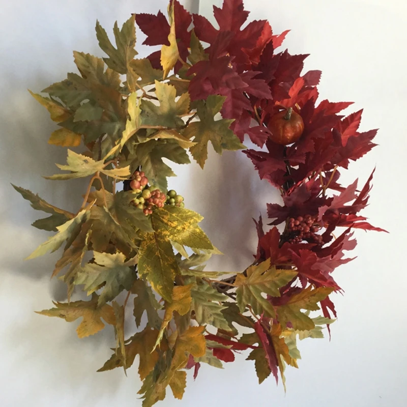 

F2TE Artificial Maple Leaves Wreath Fall Autumn Pumpkin Pine Cone Berries Garland Harvest Festival Thanksgiving Wreath for front