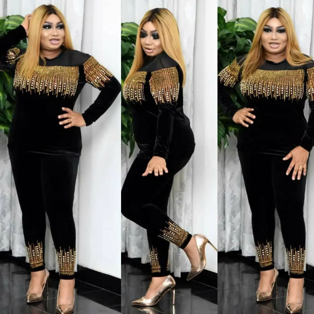 

African Women's Spring And Autumn Long-sleeved Black Elastic Gold Velvet Fashion Hot Drilling Two-piece Jacket Pants Clothing