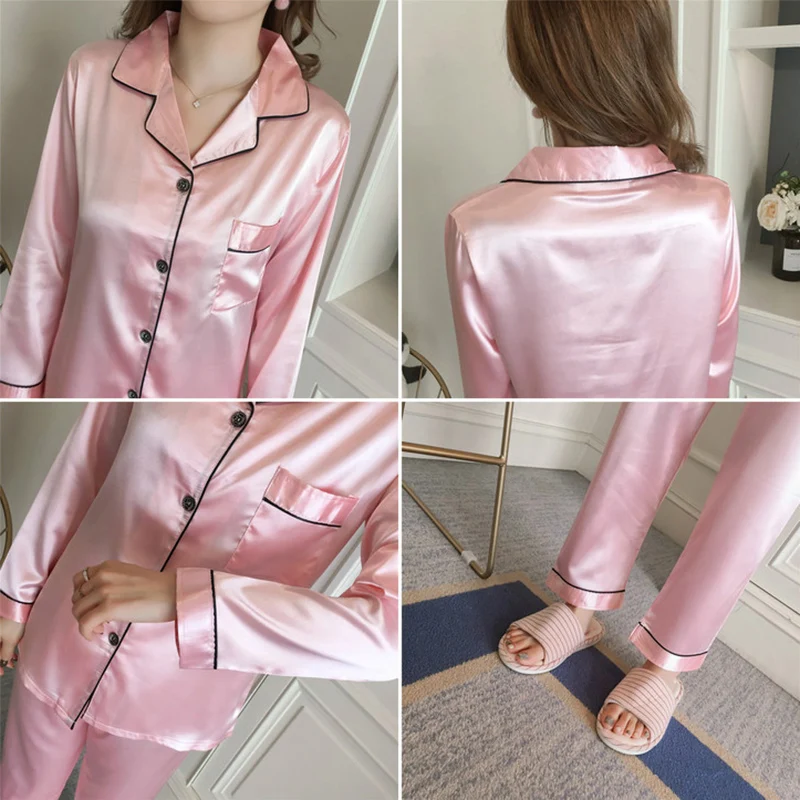 Female Homewear Autumn Spring Women Sleepwear 2 Piece Faux Silk Satin Pajamas Set Long Sleeve Top + Pants Suit | Женская одежда