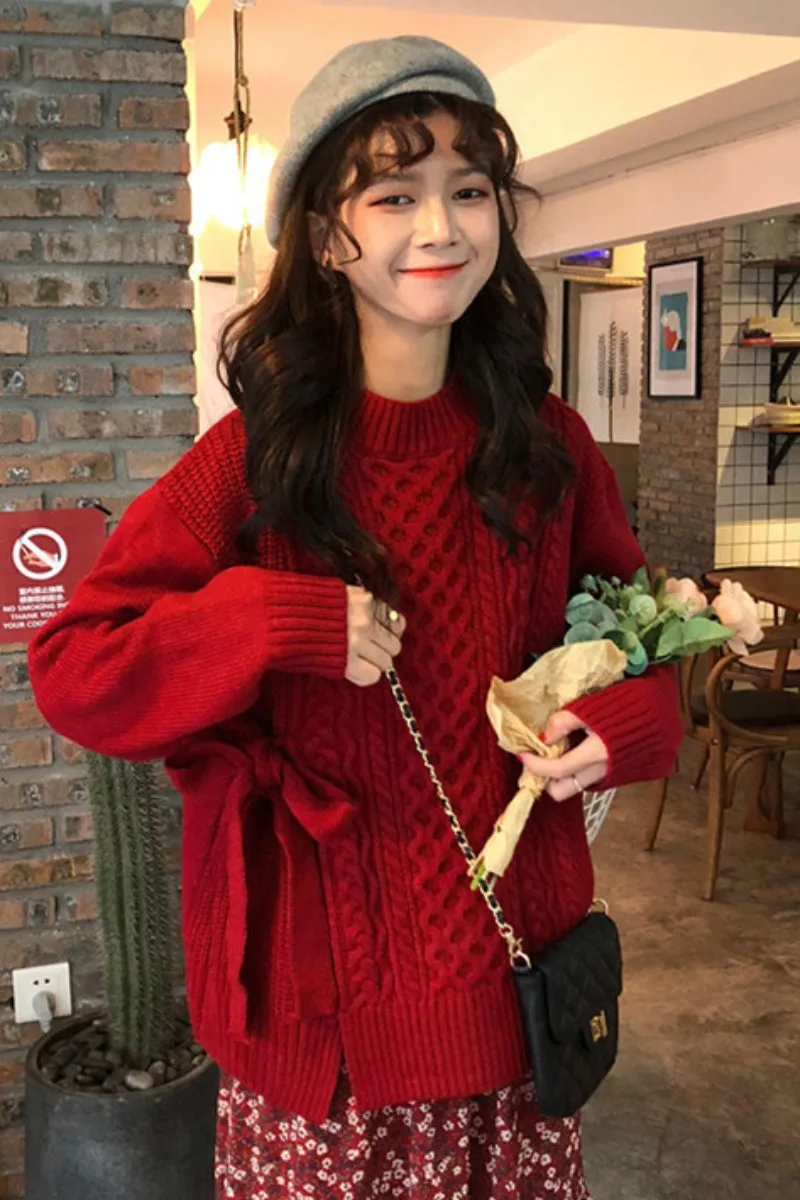 

Autumn and Winter 2020 New Korean Style Retro Twist Split Irregular Long Sleeve Sweater Loose Outer Wear Women's Sweater Fashion