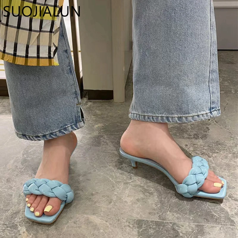 SUOJIALUN 2020 новый дизайн плетеные женские тапочки низкий тонкий каблук 3 см сандалии