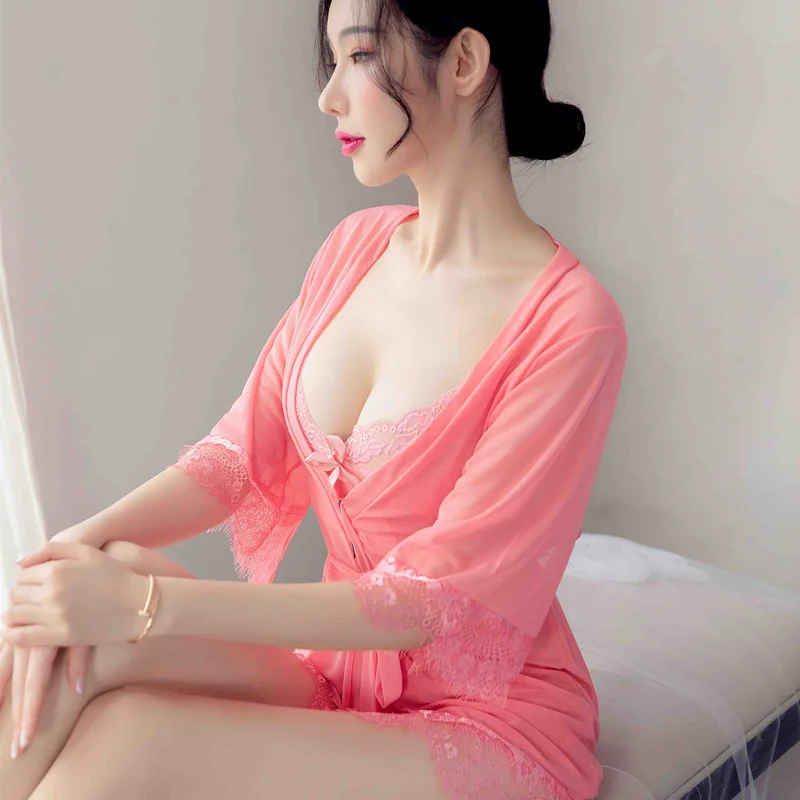 

Lace Lingerie Set With Robe Women Sexy Chemise Temptation Strap Sheer Kimono Bathrobe Night Dress Casual Nightgown Sleepwear