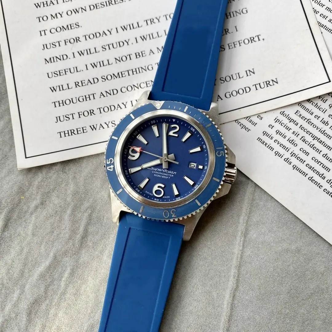 

New Mens SUPEROCEAN Watch Automatic Mechanical Stainless Steel Bracelet Black Blue Rubber Leather Ceramic Bezel Orange Dial