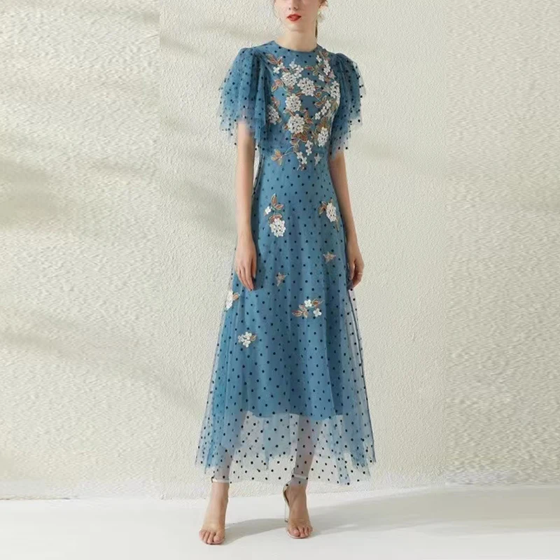 

2021 Summer Embroidery blue Wave Point Women Dress Gauze Butterfly Sleeve Dresses