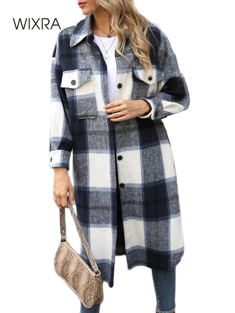 Wixra Women Straight Single Breasted Turn Down Collar Long Coat Plaid Casual Style Female Pockets Wool Outerwear Autumn Winter