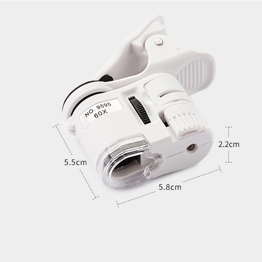 

Universal Clip Microscope 60X LED Jewelry Magnifying Glass Focusing Adjusted Pocket Microscope With Cell Phone Clip UV Light