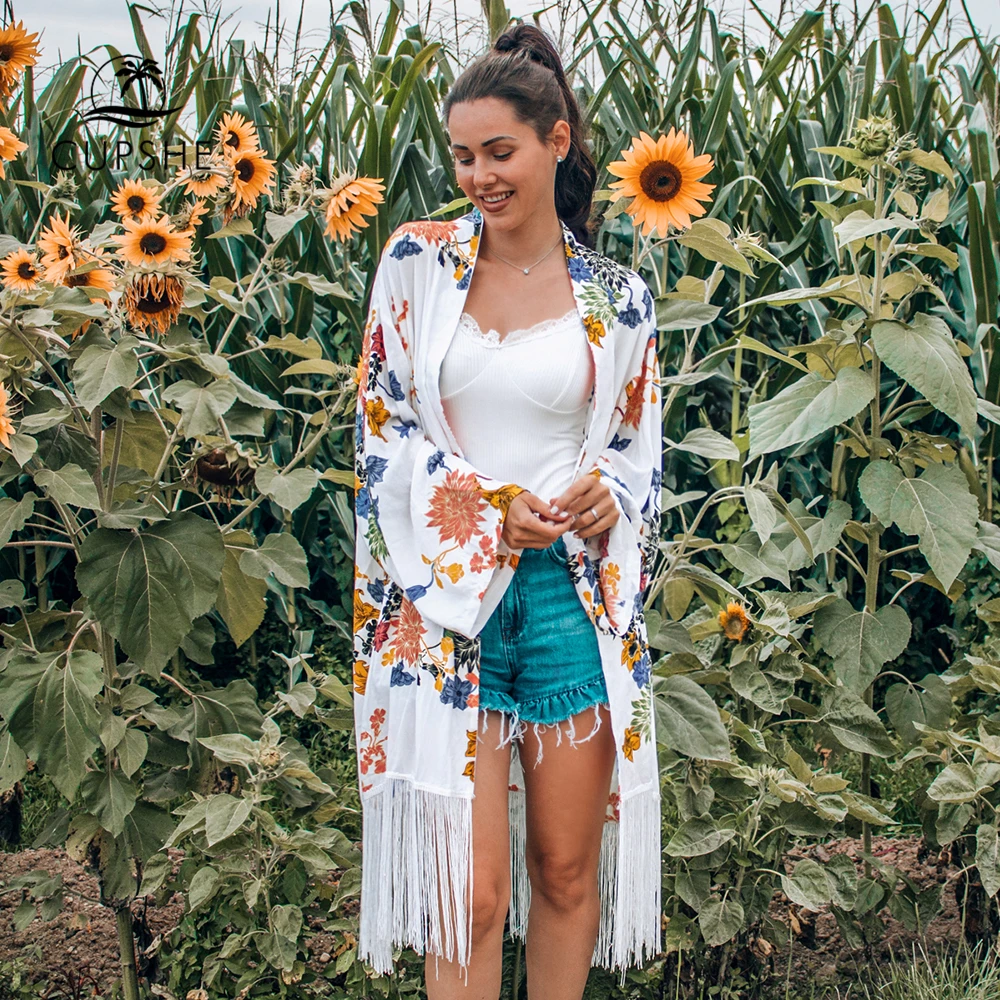 CUPSHE Boho Цветочный Принт бахрома миди бикини накидка сексуальный длинный халат накидки кимоно для женщин летний пляжный купальник пляжная одежда
