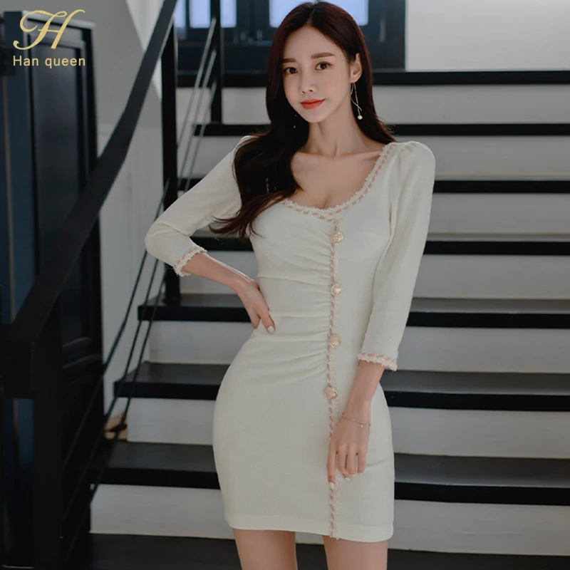 

Элегантное винтажное офисное платье-карандаш H Han Queen, женские весенние платья-футляры с круглым вырезом и высокой талией, простые белые обле...