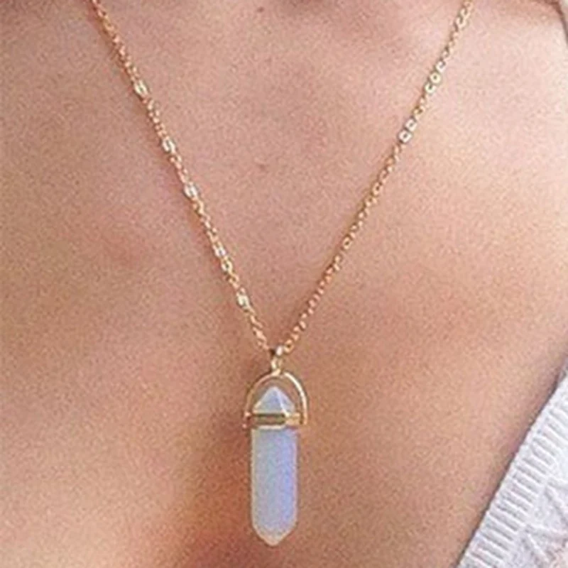 

Hot sale Hexagonal Column Quartz Necklaces Pendants Fashion Natural Stone Bullet Pink Crystal Pendant Necklace For Women Jewelry