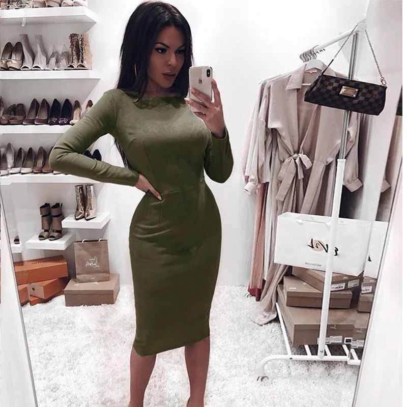 2019 замшевое облегающее платье миди с длинным рукавом на осень и зиму женские