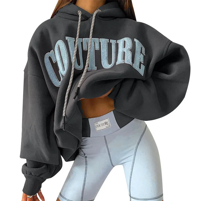 

European American Autumn Winter New Letter Embroidery Printed Long Sleeved Sweatshirt Women Hooded Pullover Hoodie Top JD2031