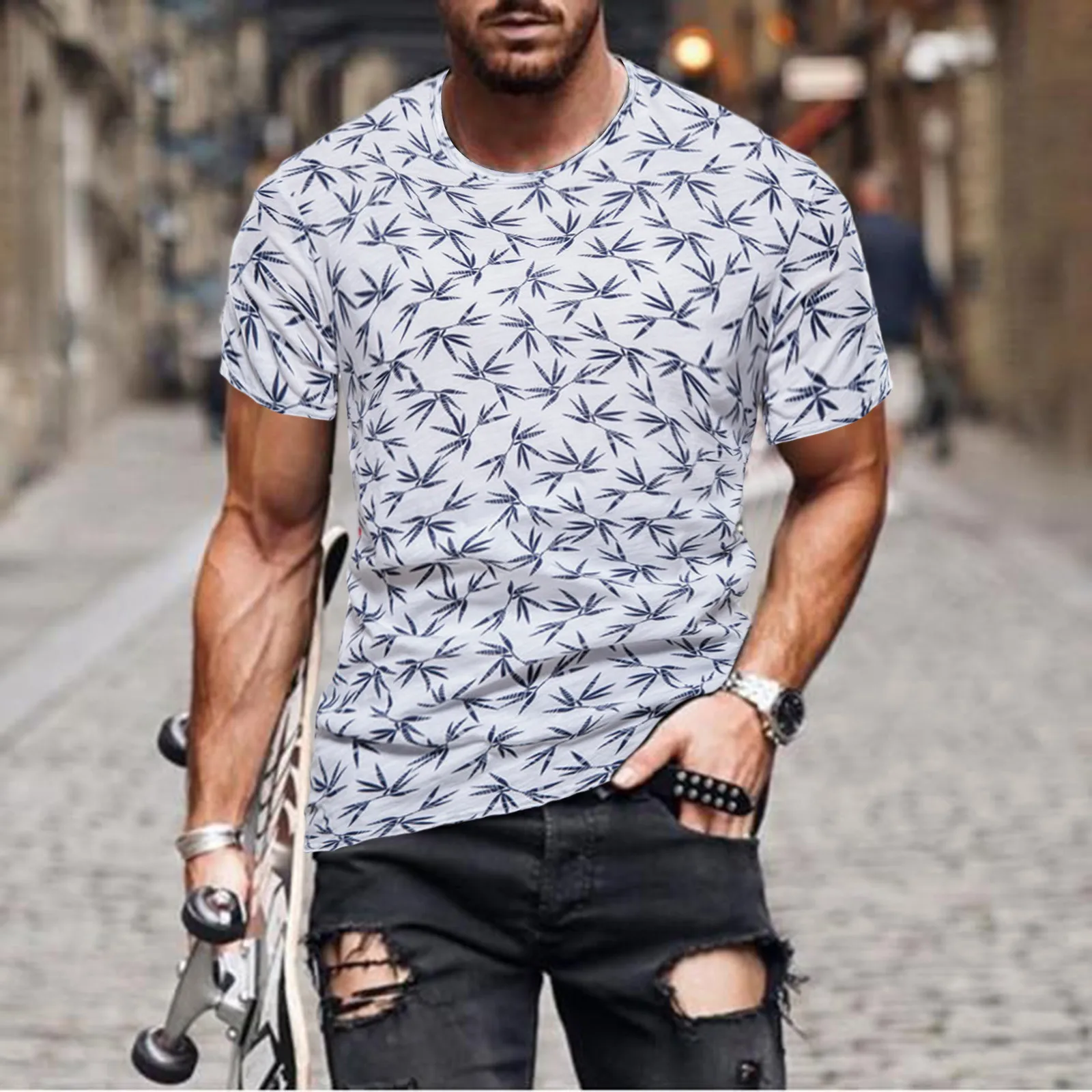 

Футболка мужская с гавайским принтом, повседневная винтажная Спортивная рубашка с круглым вырезом, для фитнеса, бодибилдинга, лето