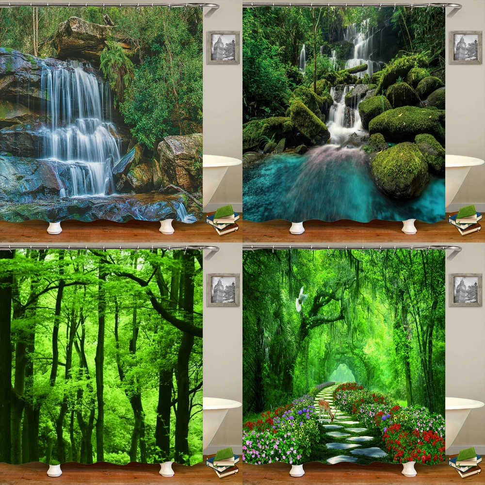 

Bathroom waterproof shower curtain bath curtain nature forest scenery printing decoration polyester curtain with hook 240x180