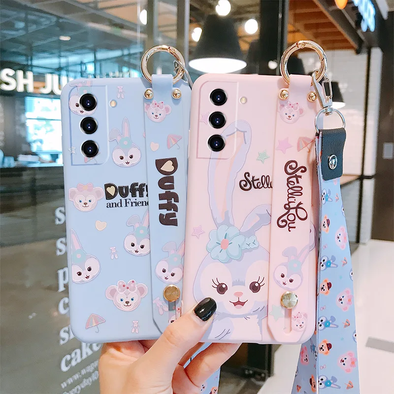 

Case For Samsung S21 Cartoon Rabbit Phone Cover Galaxy S21 5G Cute Bear S20 FE Soft Silicone Shell Wristband Strap + Front Film