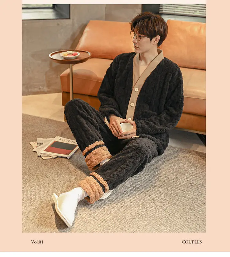 Couple Pajamas Coral Velvet Autumn and Winter Thickened Plush Men's and Women's Lovely Warm Home Set  Fashion Pajamas for Women