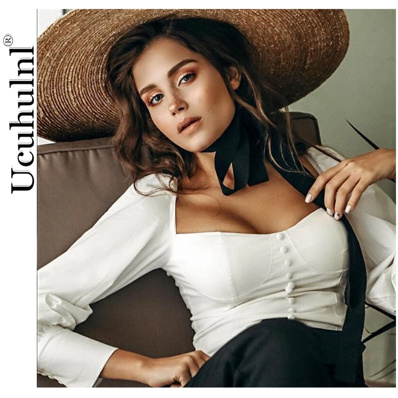 Белая Туника с квадратным воротником женская блузка элегантная рубашка лето 2021