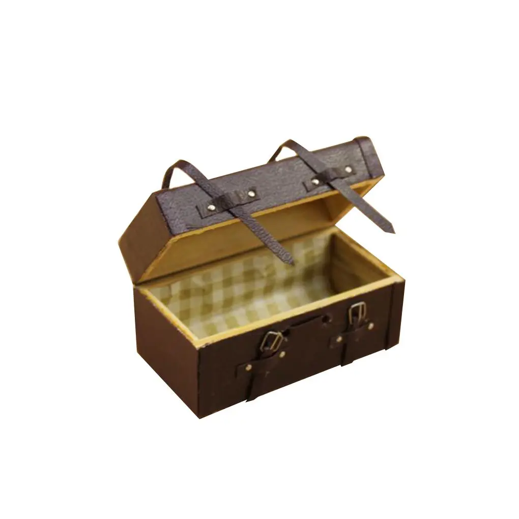 

1:12 Dolls House Miniature Leather Wooden Trunk With Straps And Buckles