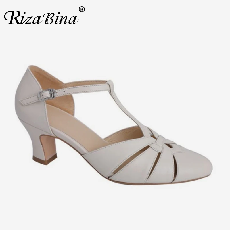 

RizaBina Sandals Women Real Leather T Strap Thick High Heels Dress Party Shoes Women For Summer Fashion Footwear Size 34-39