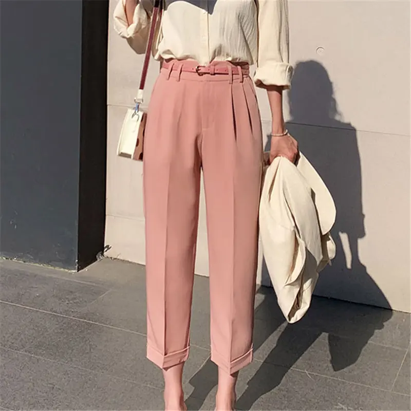 

HziriP Hot Thin Office Lady Brief New Chic All Match Vintage 2021 Solid Women Slender Loose High Waist Plus Straight Pants