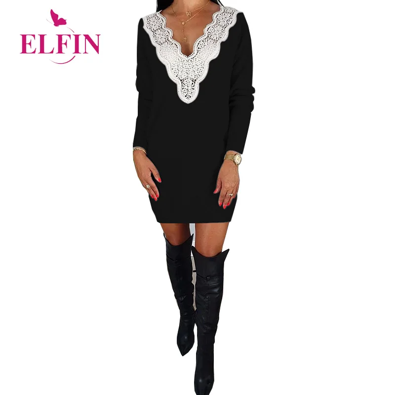 Женское кружевное платье с длинным рукавом Осеннее повседневное прямое мини