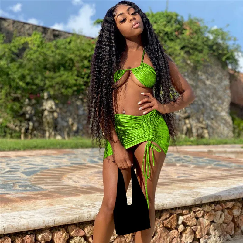 

YEYA Multicolor Mirror Two Piece Suit Sexy Pleated Off Shoulder Halter Top and Drawstring Mini Skirts Casual Party Club Outfits