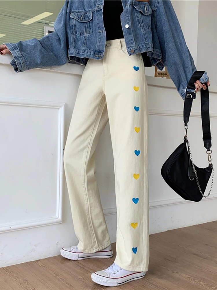 

Love embroidered jeans women spring Korean version of high waist thin retro straight pants