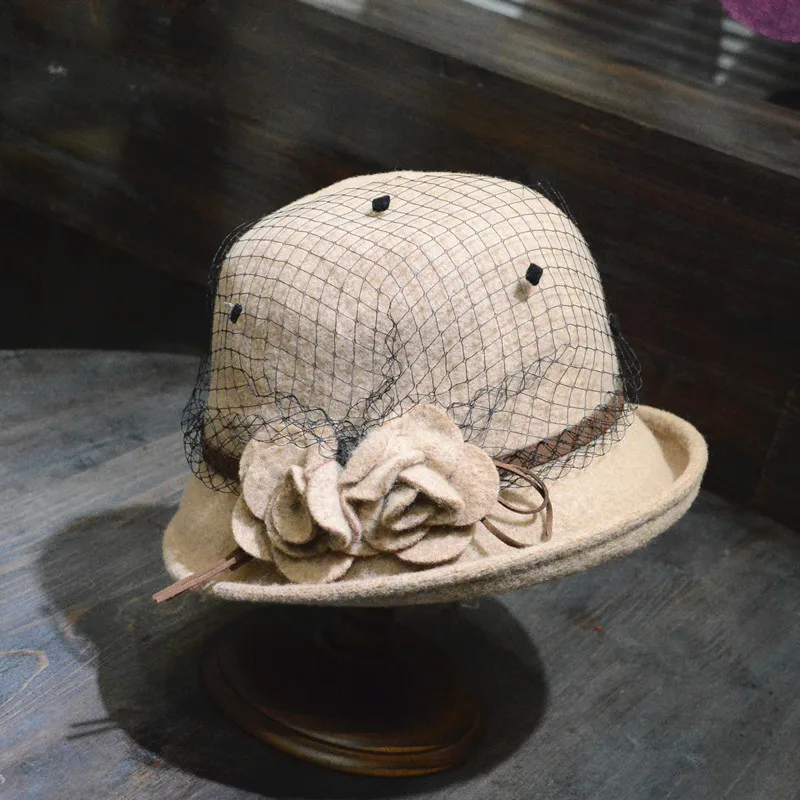 

New Elegant Women's Vintage Mesh Flower Wool Soft Hat Curling Brim Foldable Hat