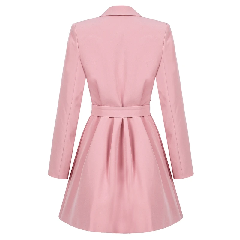 

INDRESSME 2019 Winter New Women Office Style Pink Clothing Fashion Sexy Long Sleevs Notched Collar Buckle Sash A-Line Mini Dress
