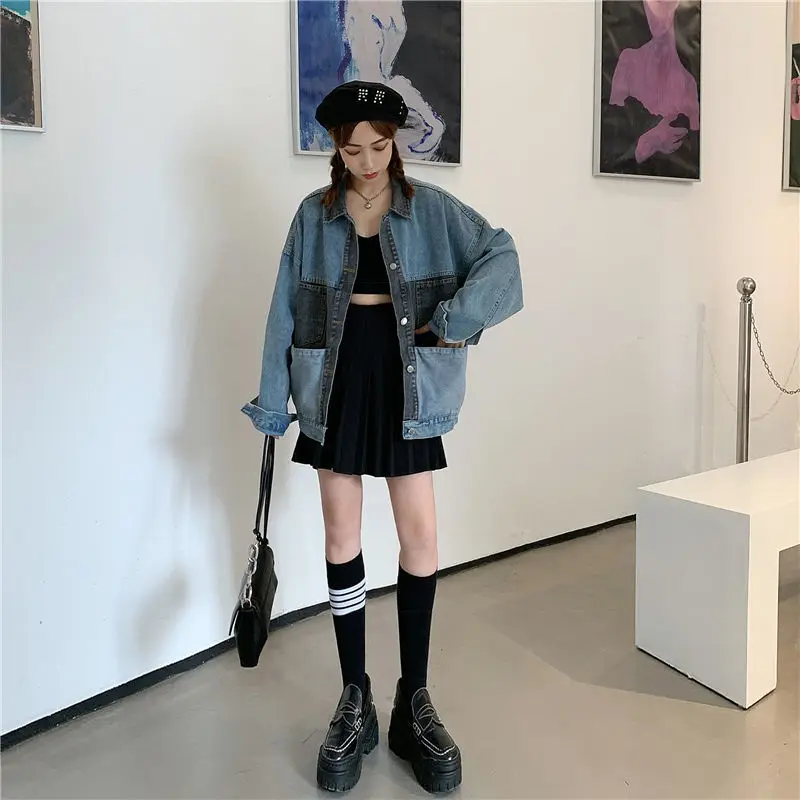 

2021 Spring Autumn New Stitching Contrast Denim Jacket Women Loose Korean All-match Turn Down Collar Single-breasted Coat Y320