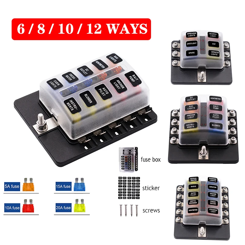 

6WAYS /12 WAYS Fuse Box with LED indicator Light Blade Plastic Cover Fuse Box 10Way/10Way for Auto Car Boat Marine Trike 12v 24v
