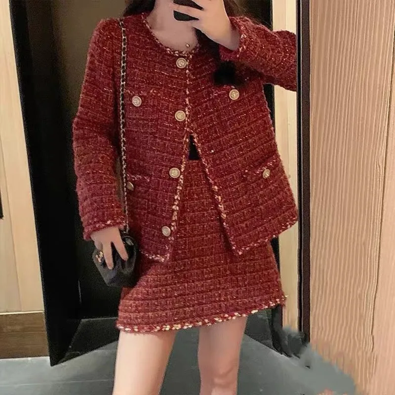 Fall Winter Casual Two Piece Suits Women's Long Sleeve Slim Red Tweed Suit Coat Temperament Mini Skirts Sets Tweed Jackets
