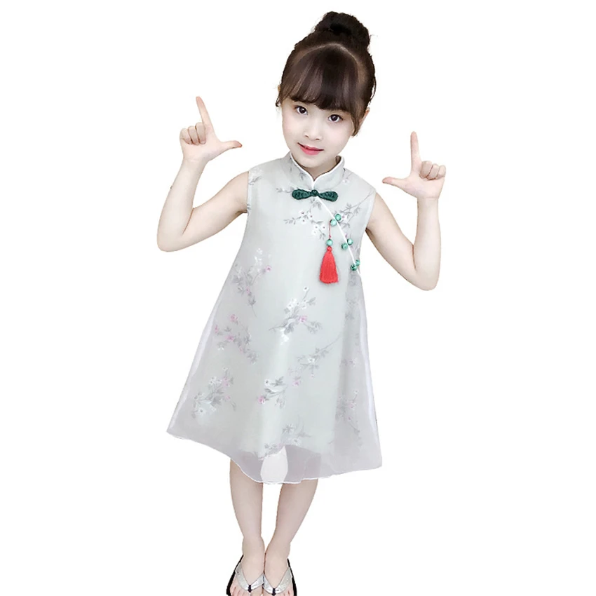 

Newly Girls Retro Traditional Chinese Cheongsam Dress Floral Mesh Kids Dress Summer Sleeveless Qipao Tang Suit for Children