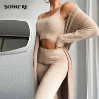 autumn winter fashion plush homewear crop top trousers three piece suit women knitted casual solid soft warm tracksuit sets