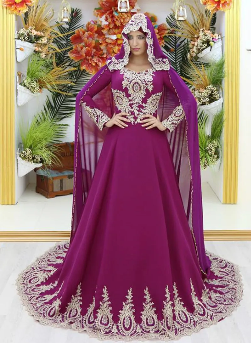 

2021 Traditional Turish Musilm hijab Evening Dresses Caftan Dubai Purple Evening Gowns With Caped Lace Long Sleeve Prom Dress