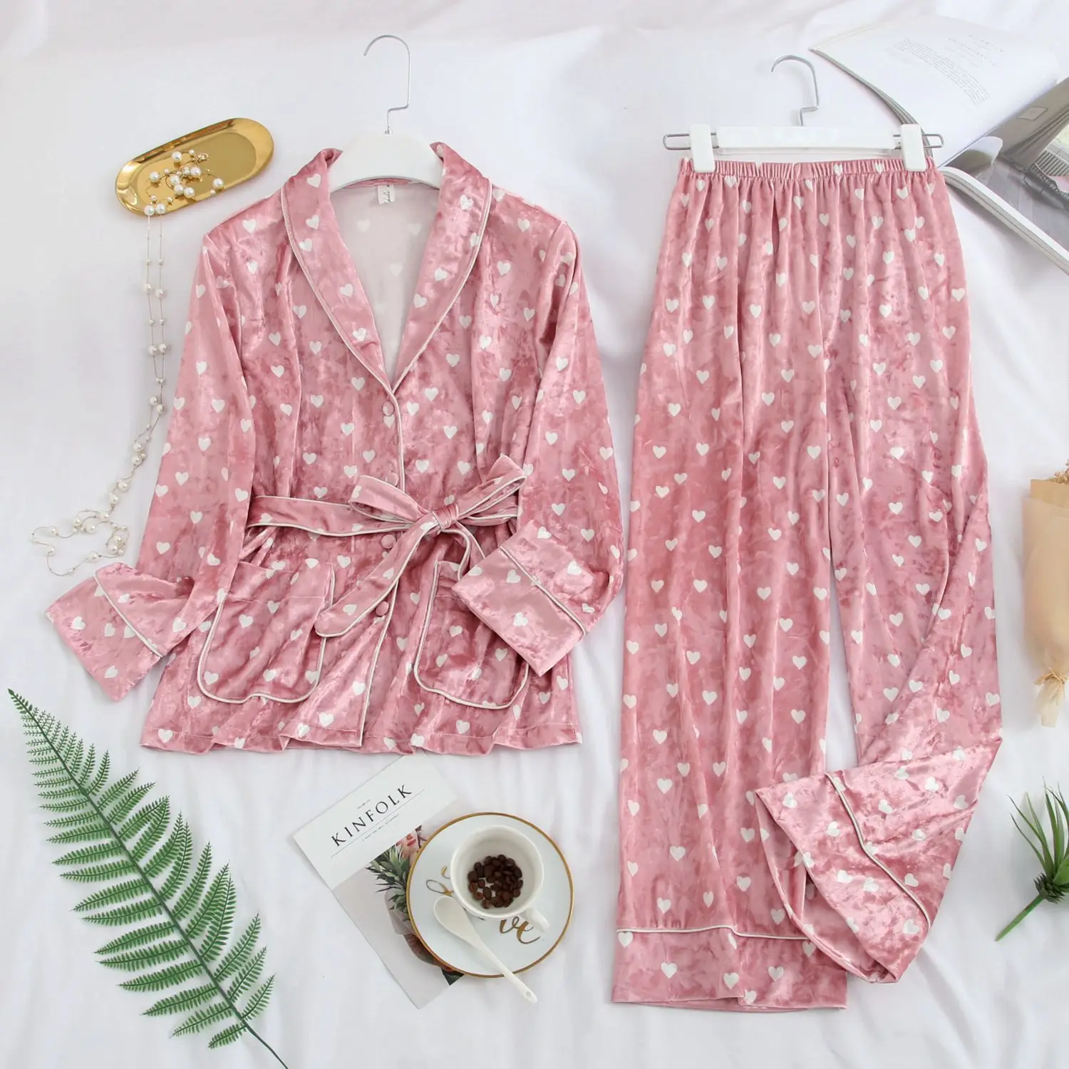 MECHCITIZ осень-зима теплый пижамный комплект Для женщин детский Золотая Бархатная