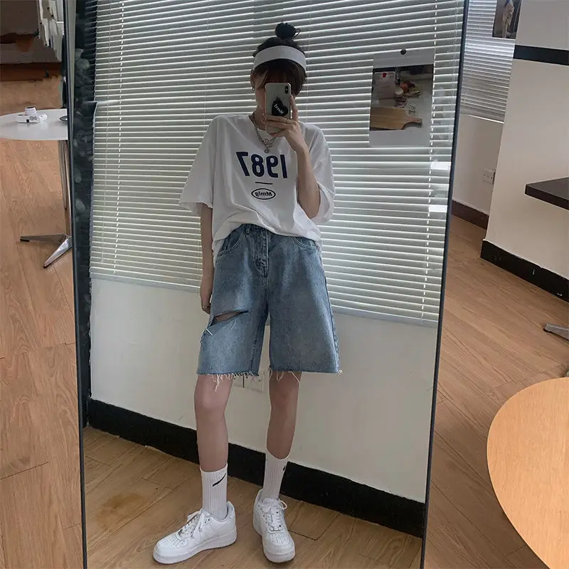 

Denim Capris women's summer new high waist slim hole straight pants net red loose wide leg shorts