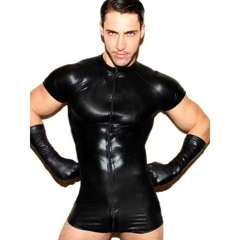 Мужское боди из искусственной кожи 2019 черное трико на молнии с открытой