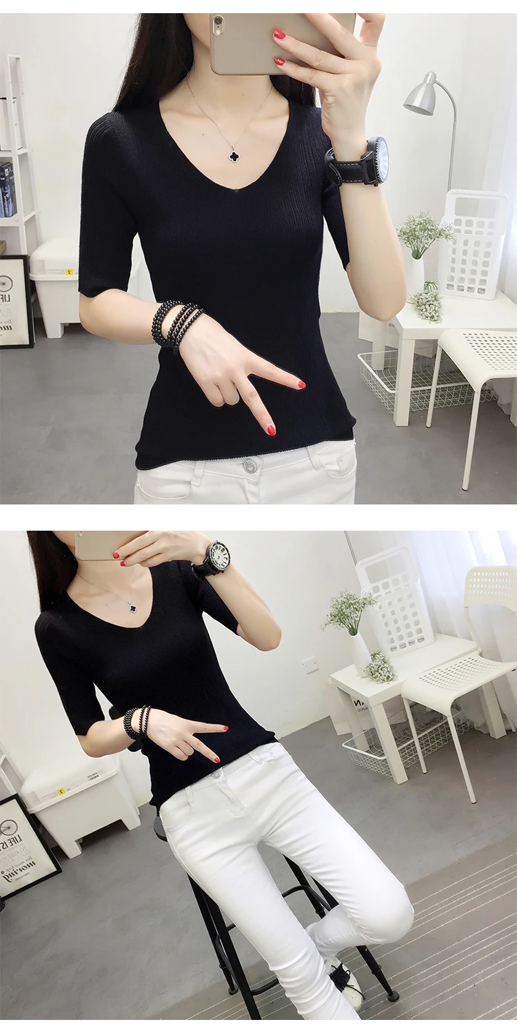 OHCLOTHINGnew style2019, короткий рукав, хлопок, круглый вырез, свитер, Женский рукав, голова, рукав, рубашка, пять, Одноцветный, плотный свитер, тонкий, ремонт