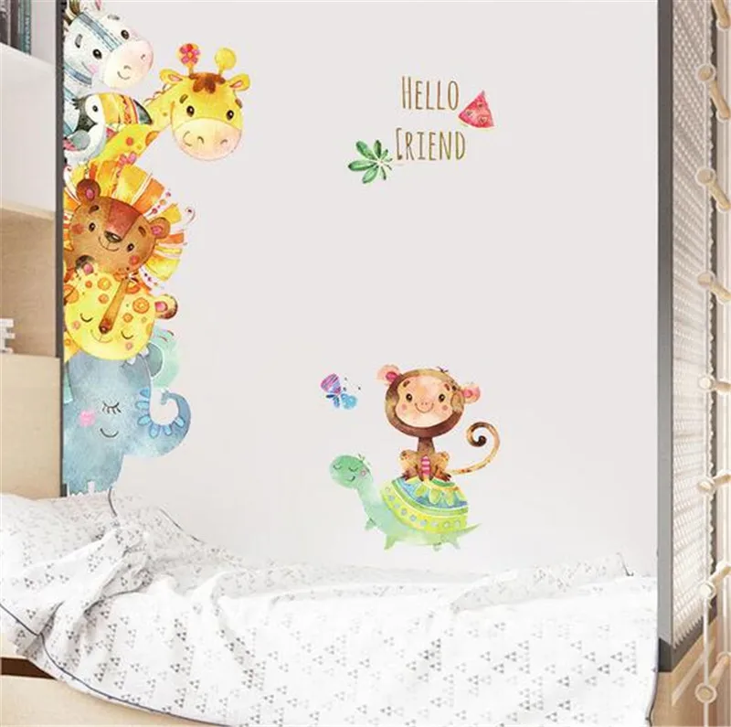 Cartoon Animals Giraffe Lion Monkey Wall Stickers Children Mural Decals for Kids Rooms Baby Bedroom Wardrobe Door Decoration | Дом и сад