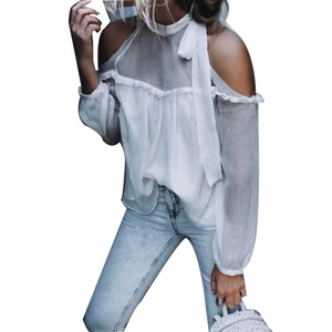 Женская рубашка, сексуальный топ с открытыми плечами, повседневный трикотажный топ с воротником-хомутом, рубашка с длинным рукавом, женские блузы