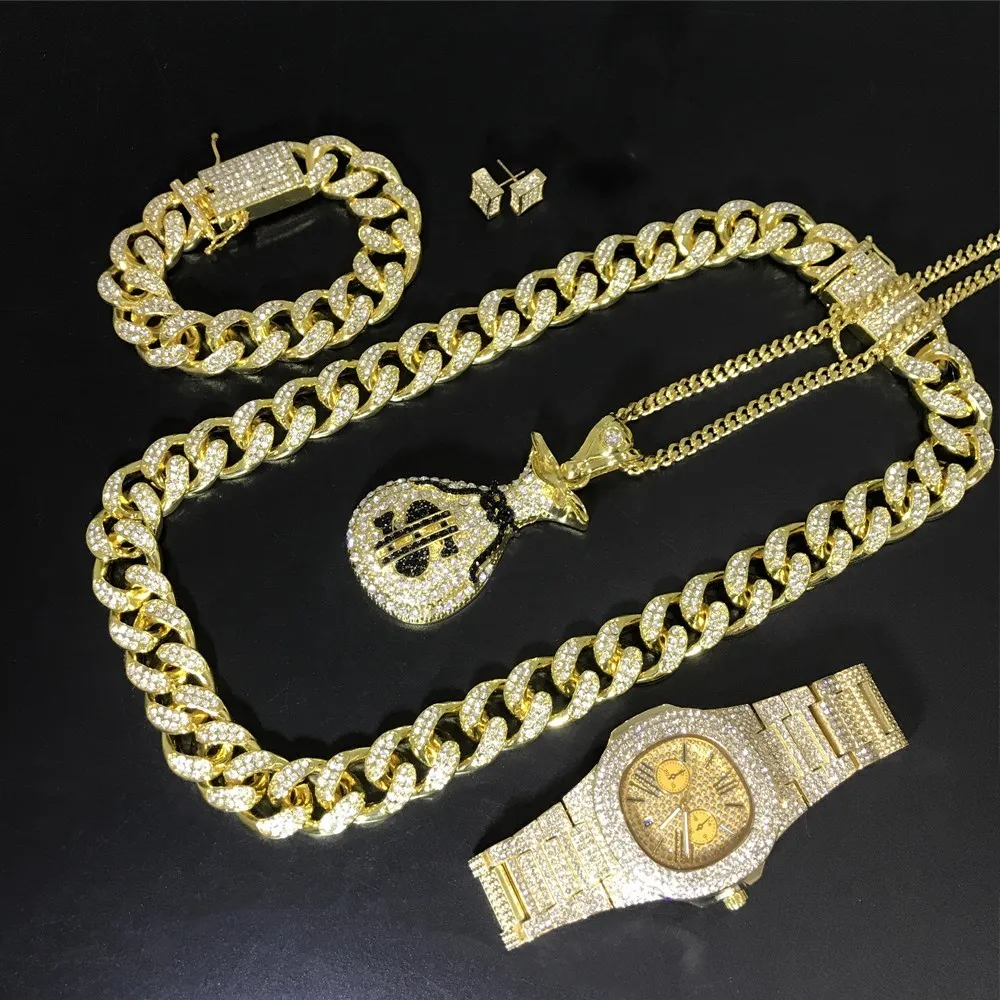 Роскошные мужские часы в стиле хип-хоп, мужские часы с кубинским кристаллом, мужские часы на цепочке, ожерелье, браслет, кольцо и серьги, комб...