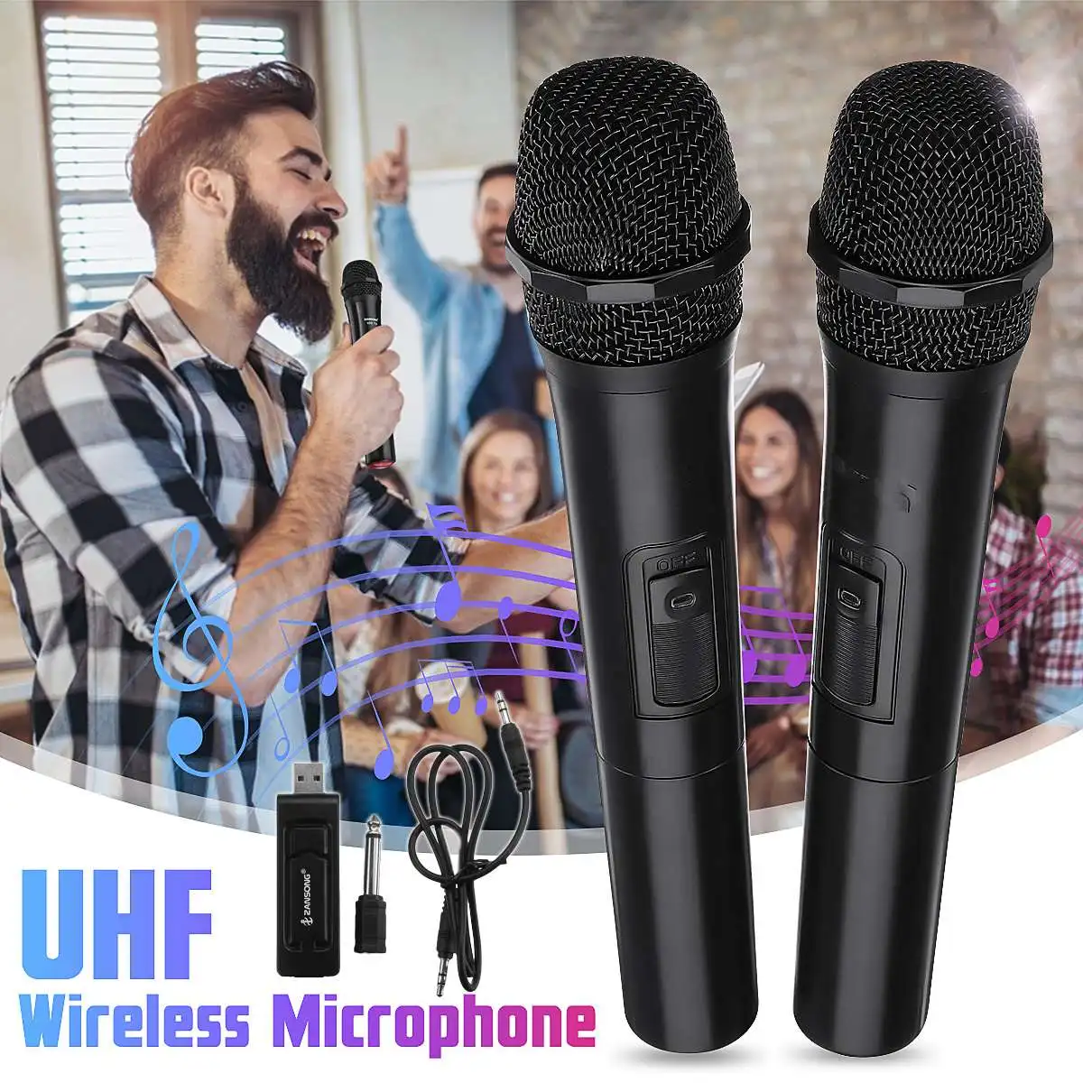 

NEW 2PCS UHF USB 3.5mm 6.35mm Wireless Microphone Megaphone Handheld Mic with Receiver for Karaoke Speech Loudspeaker