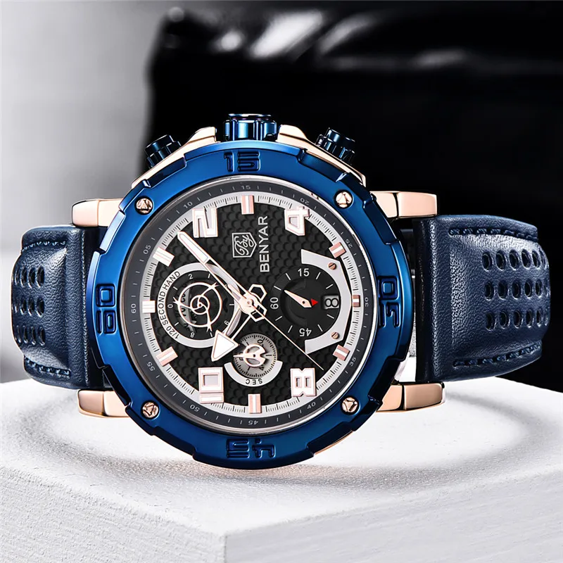 Часы-хронограф мужские спортивные водонепроницаемые из натуральной кожи в стиле