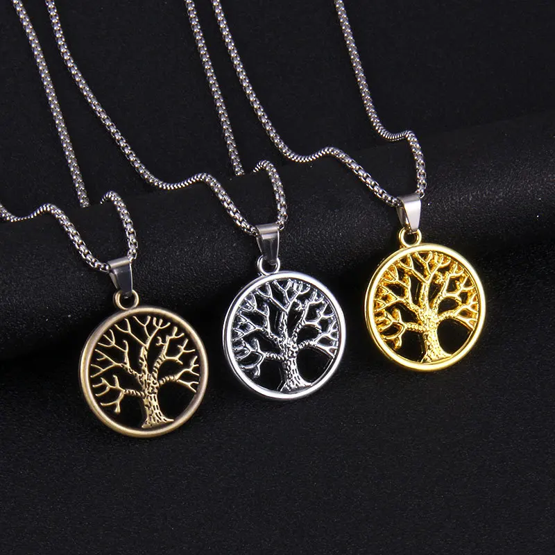 

New retro personality tree of life stainless steel necklace for men and women couples hollow gold pendant long clothing accessor